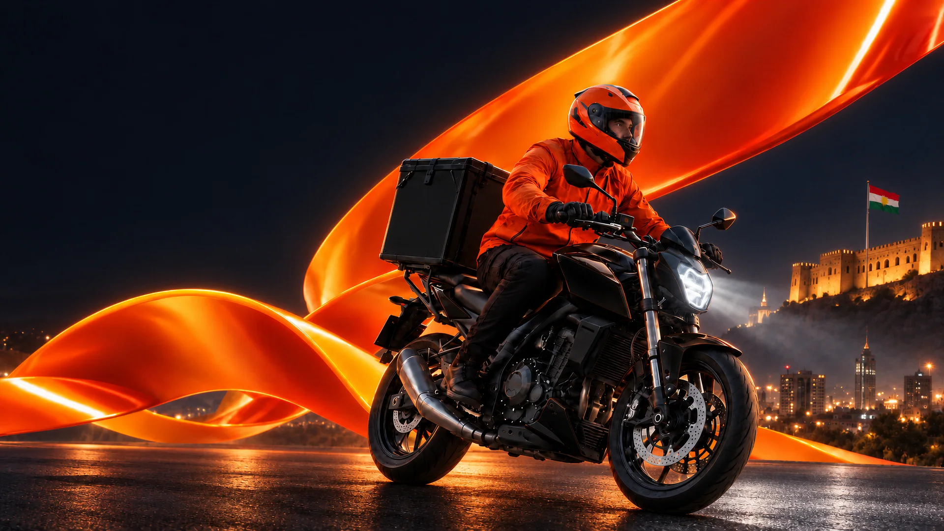 A Mission delivery rider on a black motorcycle, framed by orange ribbons and the Erbil skyline.